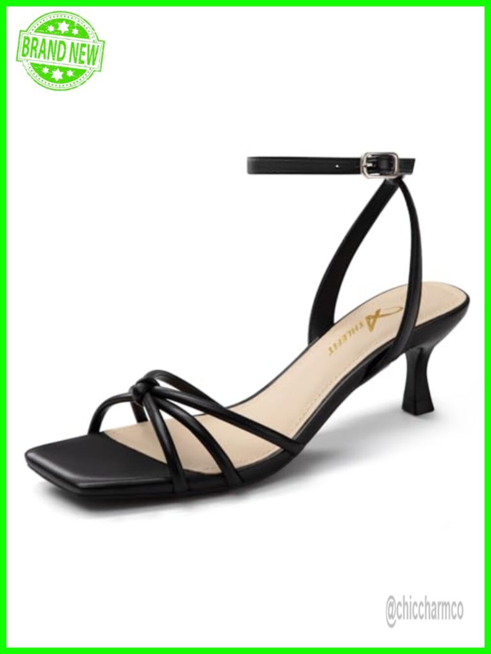 Kitten Heels Square Toe Strappy Heeled Sandals Ankle Strap PU